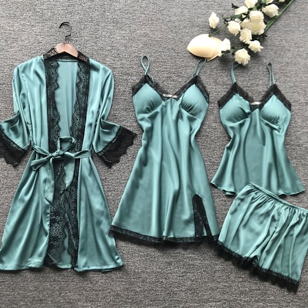 Uusi musta pitsi muoti naisten yöasut rintapehmusteella yöpaita lyhyt aamutakki setti pyjama harmaa Gray M