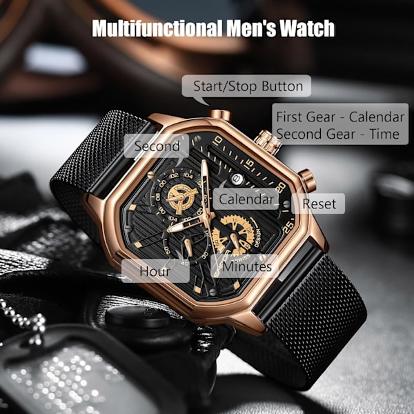 Mænds Kvartsur Fashion Kvadratisk Armbåndsur Lysende Analogt Ur Multifunktionelt Chronografur Fritids Stålur Sort Guld B Black gold B