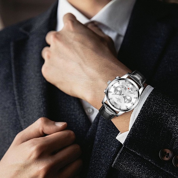 Herre Analog Kvarts Armbåndsur Vintage Elegant Armbåndsur Dato Kalender Lysende Klokke Hvit Svart White black