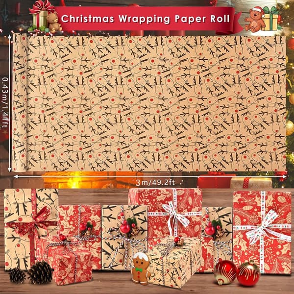 Presentpapper jul - 2 rullar julklappspapper - Stora rullar julklappspapper, återvinningsbart kraftpapper - 43x300 cm