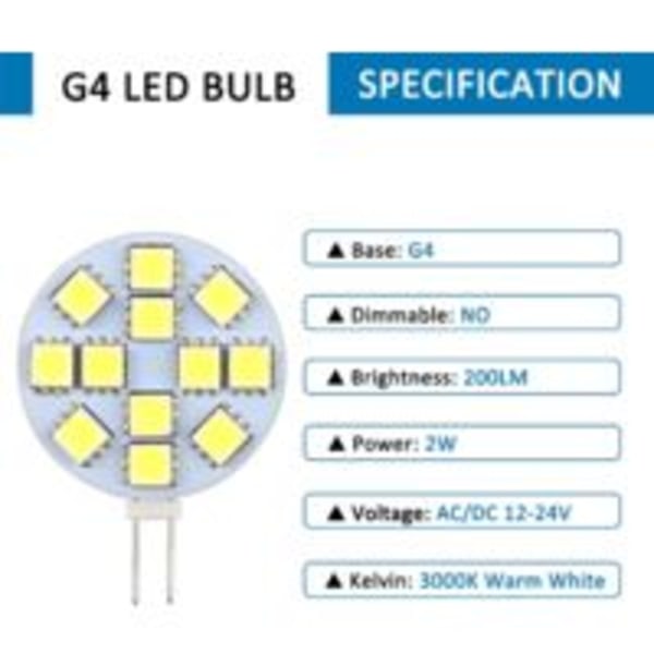 G4 LED-lampa 2W, AC/DC12-24V, 200LM Varmvit 3000K, 12x 5050SMD, motsvarar 20W halogenlampa, ej dimbar, rund G4 LED-lampa för skåp