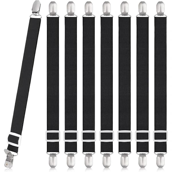 Sengelagnklemmer Sæt, Justerbare Elastiske Nylonstropper med Rustfri Stålclips til Sengelagner og Betræk, Sort, 8-pak Black