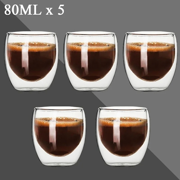 80ml dobbeltvegget glasskopp 2/12ST Transparent håndlaget varmebestandig tedrikkesett Espresso kaffe Melkemugger Gave 5stk 80ml Som vist