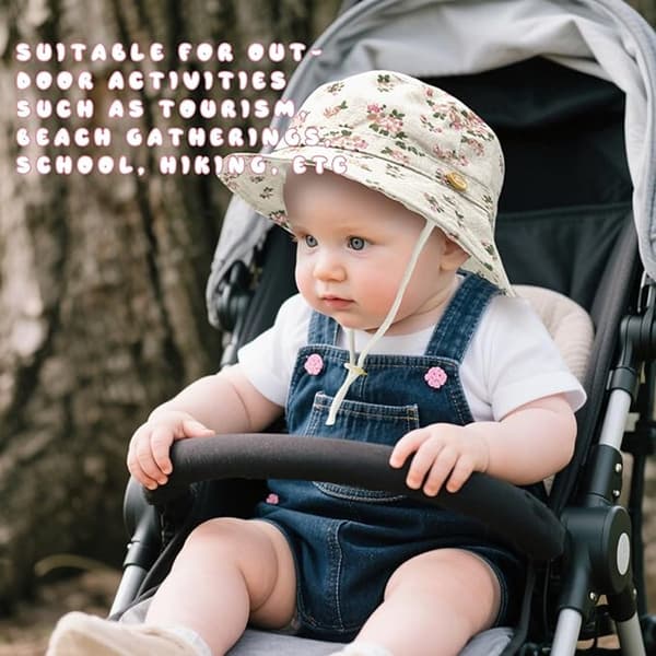 Baby solhat, bred skygge, åndbart stof, justerbar hagerem, foldbart design, til spædbørn under 1 år, stjerneprint, størrelse S 48 cm