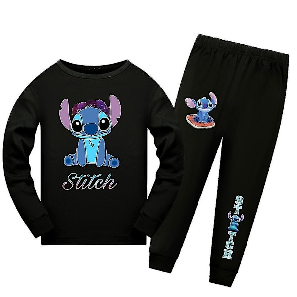 Lilo & Stitch Barnpyjamas Sæt Langærmet T-shirt Bukser Outfit Loungewear Nattøj 7-14 År - Xin 11-12 År 11-12 Years Black