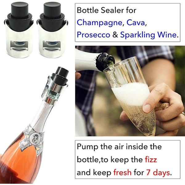 Champagneprop til mousserende vin - rustfrit stål til vakuumforsegling med indbygget trykpumpe - sort vinprop