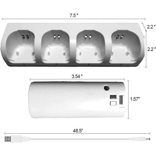 Wii Controller Lade Station, 4 i 1 Controller Lade Dock med 4 stk. 2800mAh Genopladelige Batteripakker til Wii/Wii U Spil Fjernbetjening Hvid White