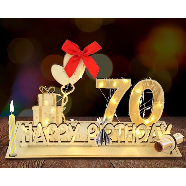 Træskilt gæstebog, Træskilt gæstebog 70 års fødselsdag, gæstebog fødselsdag som en personlig gave med LED-lyskæde fødselsdag jubilæum for 70 år mand kvinde 70