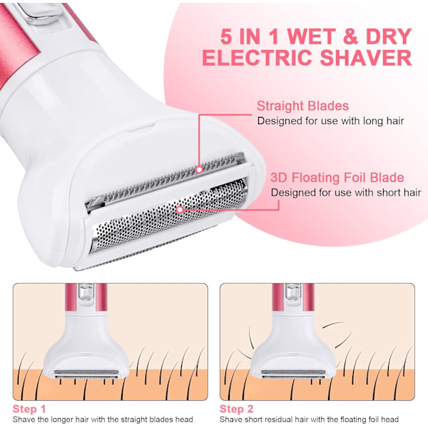 Elektrisk barbermaskin for kvinner, 5-i-1 smertefri epilator, USB-oppladbar våt og tørr barbermaskin for ansikt, ben, bikinilinje