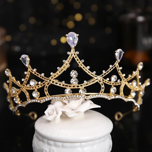 Elegant Lyx Flickor Kristall Brud Tiara Krona Födelsedagsfest Nytt Mode Brud Drottning Pannband Hår Smycken Tillbehör guld-014