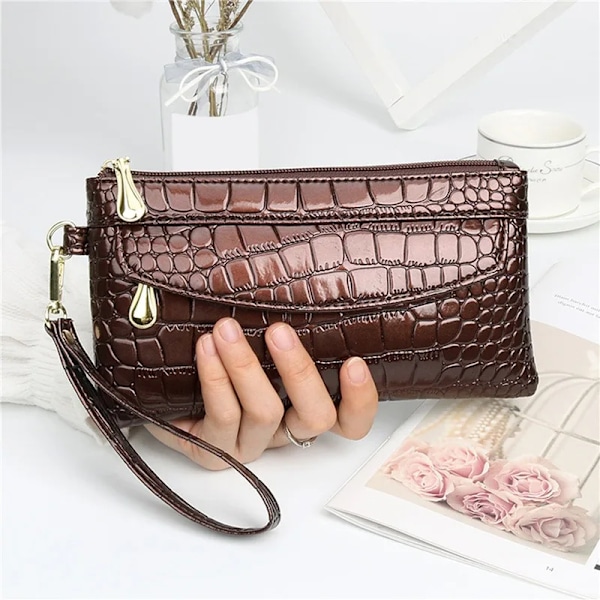 Alligator Skinn Dame Lommebøker Langt Stoffveske Dame Lommebok med Dobbel Glidelåser Dame Clutch Veske Design Håndveske Krokodille Lommebøker Coffee   1