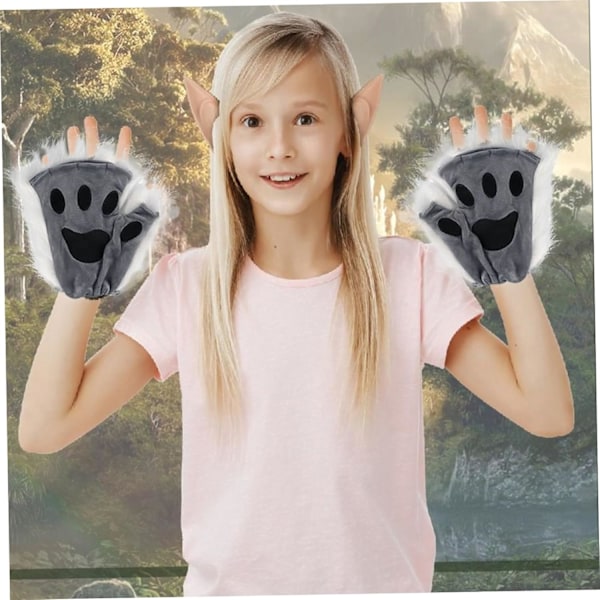 Therian Paws, Kissan tassu 1 pari puolihansikas Therian Paws Söpöt brodeeratut turkistassut Koristeelliset realistiset tassahanskat lapsille aikuisille cosplay-näyttämölle, musta Grå
