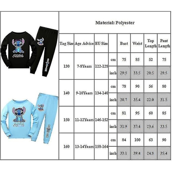 Lilo & Stitch Barnpyjamas Sæt Langærmet T-shirt Bukser Outfit Loungewear Nattøj 7-14 År - Xin 11-12 År 11-12 Years Light Blue