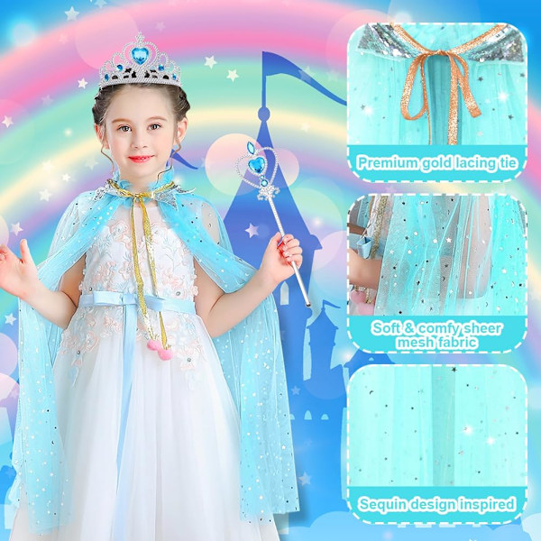 Prinsessakapset för barn, färgglada tillbehör inklusive krona och trollstav Blue