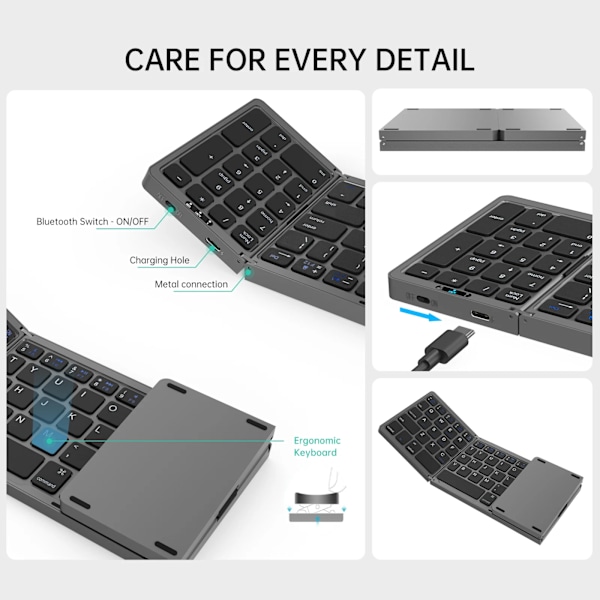 Mini Bärbar Fällbar Tangentbord Tunn Trådlös Bt-Nummer Tangentpapper För Mac Windows Laptop Tablet Ljus-Handy Bluetooth-Kompatibelt Grå-Franska