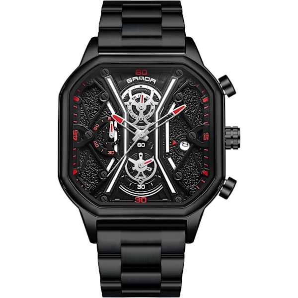 Herrar Business Rostfritt Stål Klocka Luminous Analog Armbandsur Multifunktionell Chronograph Klocka Mode Kvadratisk Klocka Svart Röd C Black Red C