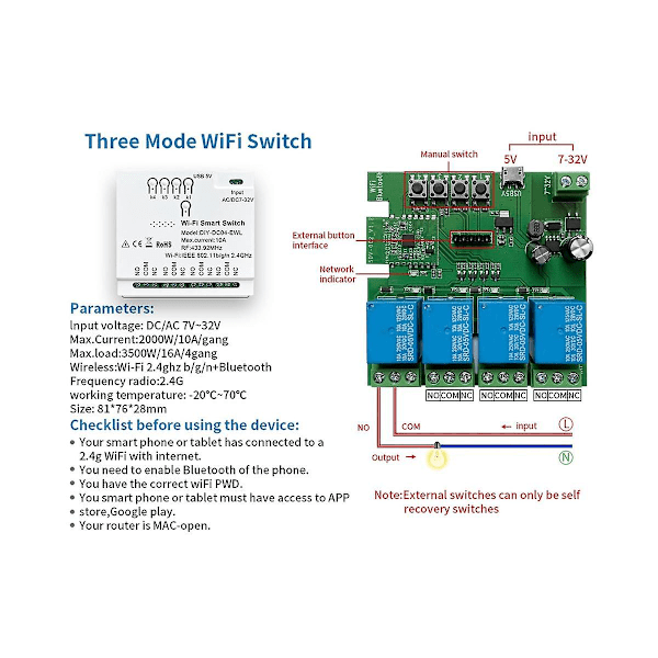 4ch Wifi Smart Switch+rf433 Fjernkontroll 85-265v 2.4g Wifi Smartlife Hjemmeautomatisering Modul For Iftt Alex