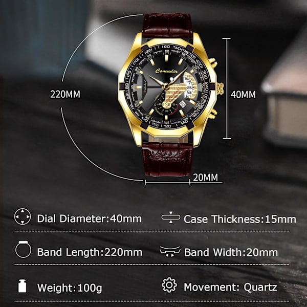 Modeklockor för Män Business Rostfritt Stål Armbandsur Analog Kvarts Armbandsur Datumkalender Luminous Watch för Män Brun Guld A Brown gold A