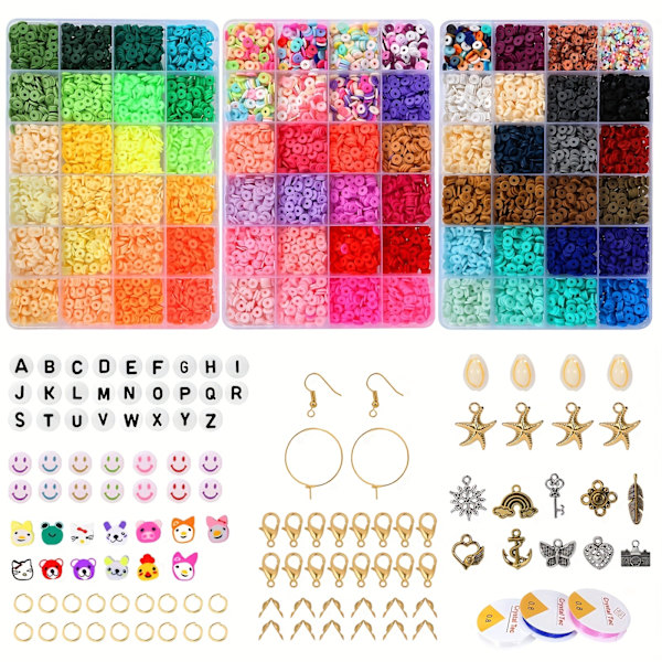 13600 st lerpärlor set för smycken armband halsband gör kit, platta runda polymer lera pärlor med elastisk sträng hängande charm kit