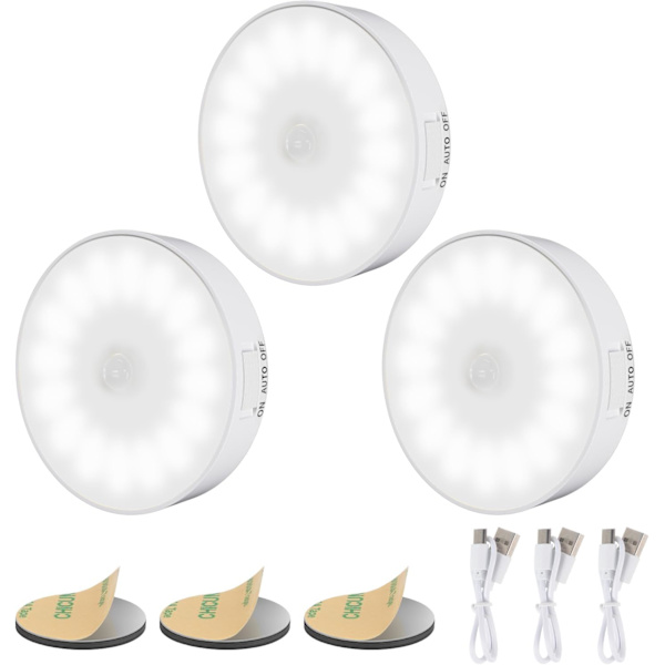 14 LED Genopladelig Natlampe med Bevægelsessensor, 3-pak, 6000K Kold Hvid Cold White 3 Pieces