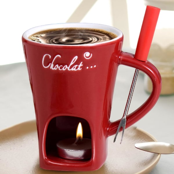 Choklad Fondue Set, Keramisk Smältkruka med TeLjus, Multifunktionell 11x8,8x12cm Red