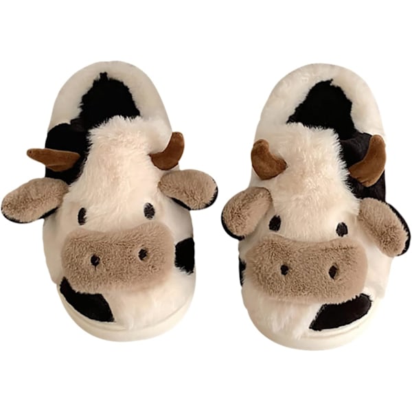 Plush Winter Slippers for Women & Men, Cute Milk Cow Design, Waterproof Sole for Indoors