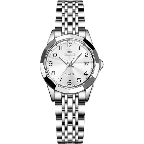Dames Klassisk Rustfrit Stål Armbåndsur Elegant Analog Kvartsur Kvinder Vandafvisende Ur Lysende Dato Kalender Ur Hvid White