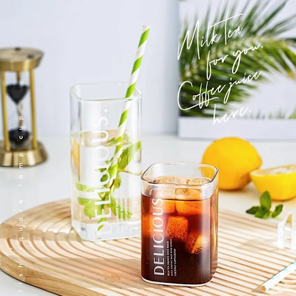 Teksturert varmebestandig tumbler Transparent kaffekopp Glass Melkekopp Husholdningsfirkant Drikke Juicekopp Kjøkkenutstyr DELICIOUS 250ML 250-400ml