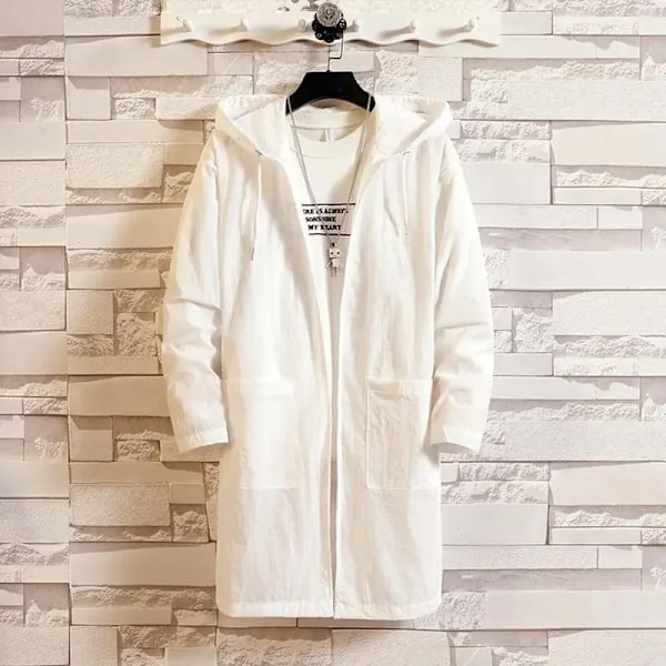 Mäns vår/sommarhuggade medellängd trenchcoat, loose-fit, trendig, mångsidig solskyddsjacka, VIT XL
