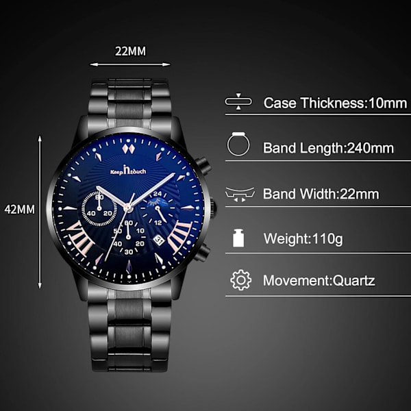 Monitoiminen miesten kello Business Analog Quartz Watch Sports Chronograph Rannekello 3ATM Luminoiva kello, Musta C, L, Ranneke