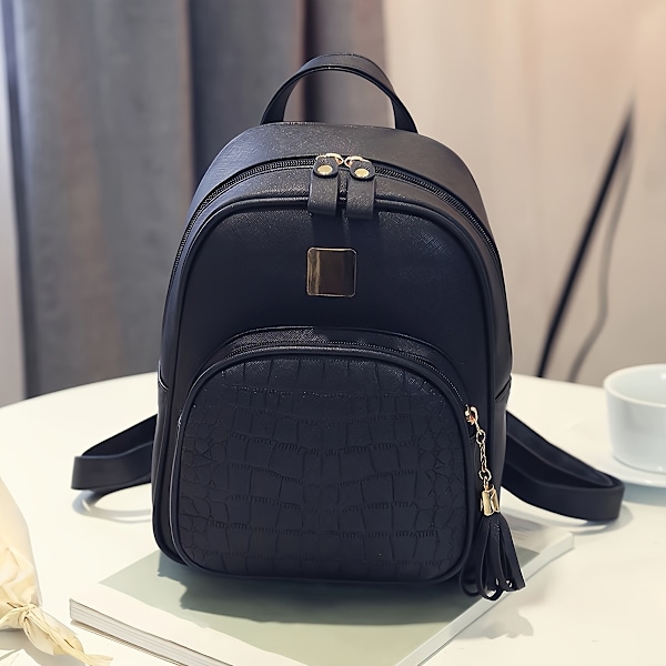 Mini krokodilpräglad ryggsäck, mångsidig dagsäck för kvinnor, enkel preppy skolväska för shopping och resor Svart