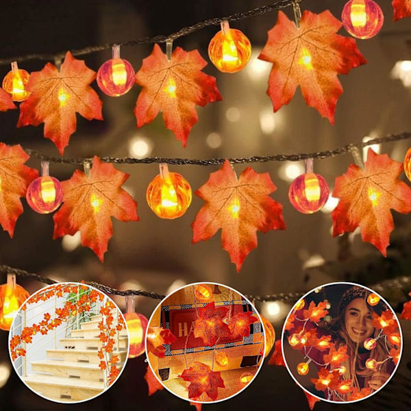 Lönnlöv Ljuskedja, 6m 40 LED, Höstgirlang Ljus för Halloween, Thanksgiving Dekoration b