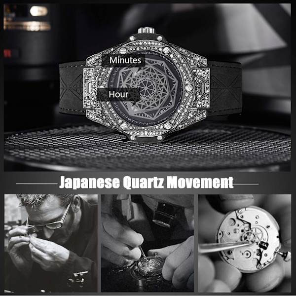 Full Diamond Klockor Klockor Elegant Quartz Armbandsur Kreativ Analoga Herrklockor Mode Rostfritt Stål Herrklockor med Läderrem Svart C Black C