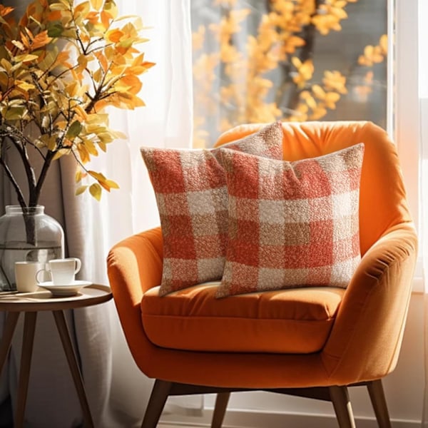 Recitem Sæt af 2 Orange Plaid Efterårspudebetræk 45x45cm, Hyggelig Efterårsdekoration til Sofa eller Seng