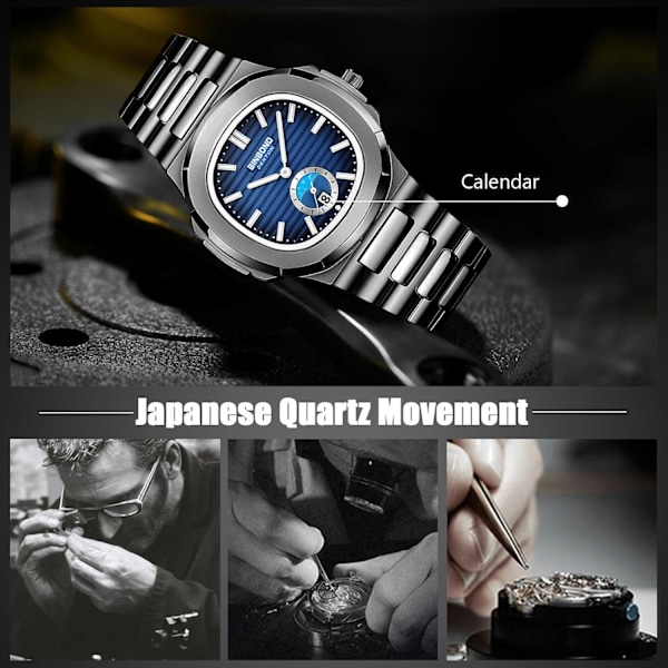Mænds Enkle Håndledsurs Leisure Quartz Ur Vandafvisende Dato Kalender Ur Lysende Analogt Ur med Rustfrit Stål Armbånd til Mænd Sort Blå Black blue