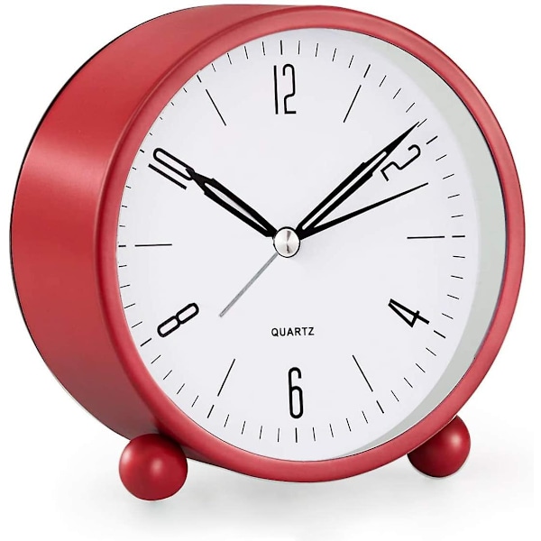 Analog väckarklocka, 4-tums super tyst, icke-tickande liten klocka med nattljus, batteridriven, enkel design, för sovrum, säng, skrivbord Röd Red
