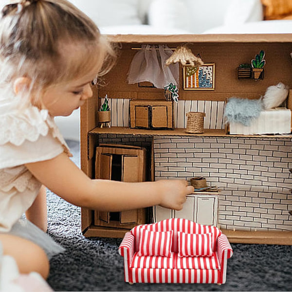 Nukkekodin sohva ja nojatuolisetti - 1:12 mittakaava Punainen ja valkoinen raidallinen miniatyyrihuonekalulelu RED double sofa