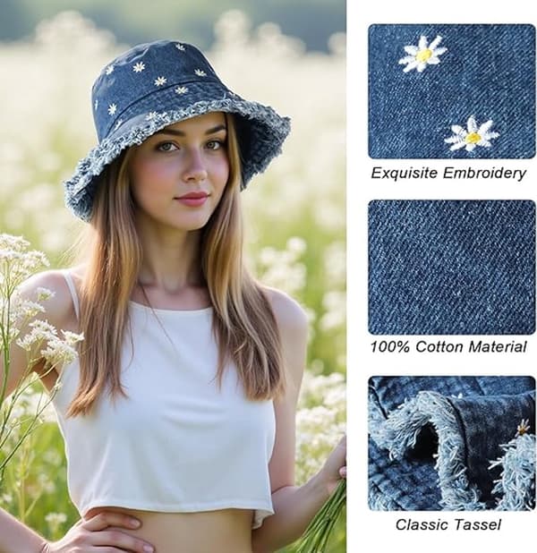 Denim bøllehat til kvinder, UPF 50+ solbeskyttelse, foldbar bomuld, tusindfryd broderi, strandrejsehat, blå, 56-58 cm