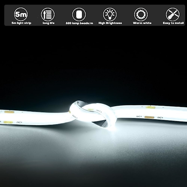 Arote 24V COB LED Strip - 5m Vandtæt Kold Hvid 6000K, IP65 Dæmpbar, 320 LED'er/m Høj Lysstyrke til Hjemmedekor (Strømforsyning Medfølger Ikke) Cold white 5 m