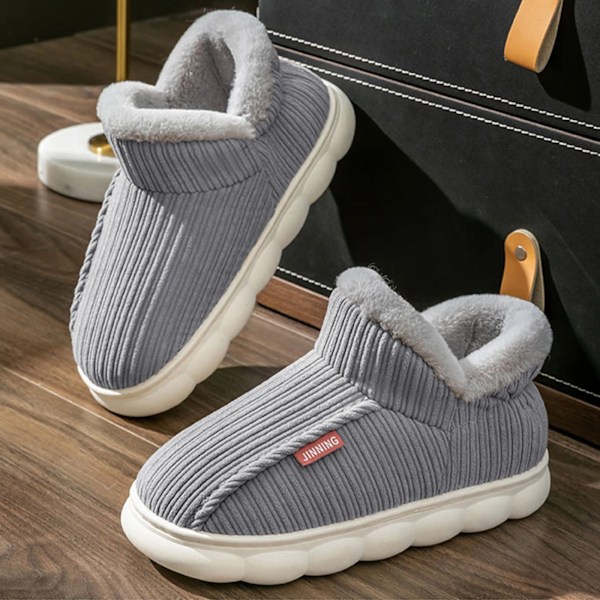 Tjocka plattform lurviga tofflor Inomhus utomhus män bomullsskor unisex Håll varm sammet Plysch ankel snöstövlar kvinnor hem tofflor B-Grå 38-39