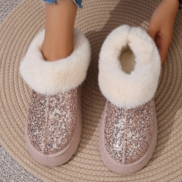 Faux Pels Vinterstøvler Kvinder 2024 Mode Sequin Stof Varme Sne Støvler Kvinde Ikke-Slip Fortykke Plus Ankel Booties Plus Størrelse 44. sort 39