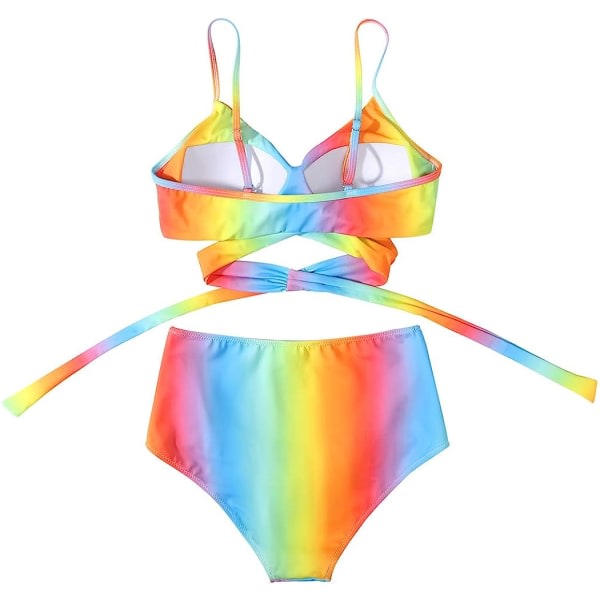CQBB Dam Wrap Bikini Set Push Up hög midja 2 delar baddräkter 87 Rainbow Colorful 12-14