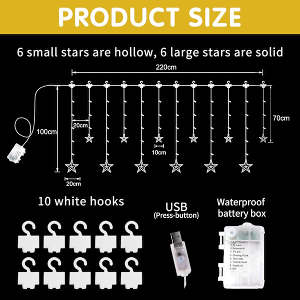 LED Julelys Stjernegardin - Utvidbart Lys med Fjernkontroll, 8 Moduser, for Jul & Bryllup Remote control A