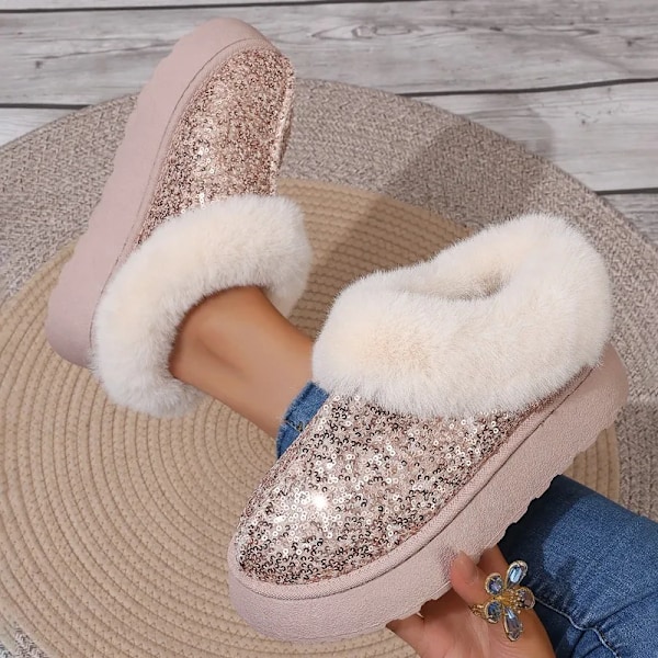 Faux Pels Vintersøvlar Kvinnor 2024 Mode Sequined Tyg Värm Snö Stövövlar Kvinna Icke-Slipa Förtjocka Plus Ankel Booties Plus Si Se 44. sort 36