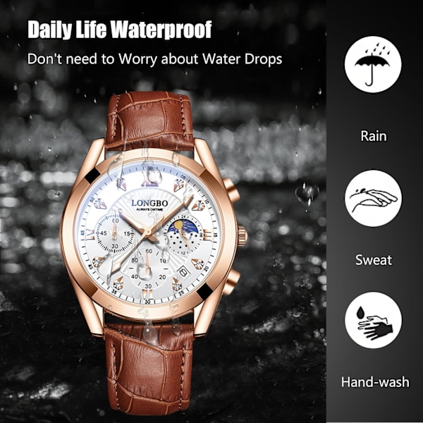 Herrarmbandsklocka Elegant Diamant Chronograf Läder Armband Vit Kaffe White coffee
