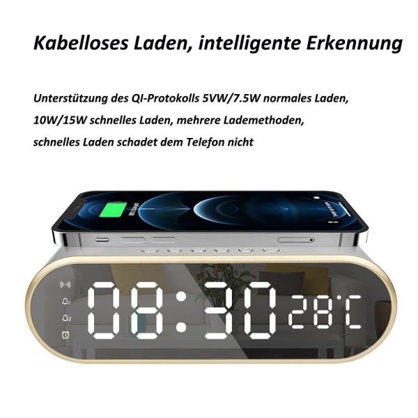 Digital väckarklocka, Bluetooth högtalare, trådlös laddning, LED-display