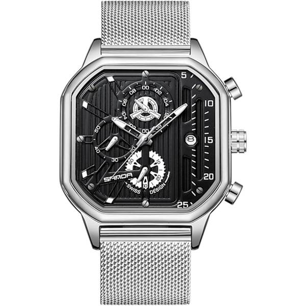 Klokker Fashion Square Håndleddklokke Lysende Analog Klokker Multifunksjonell Kronograf Klokker Fritids Rustfritt Stål Herreklokke Svart Sølv B Black silver B