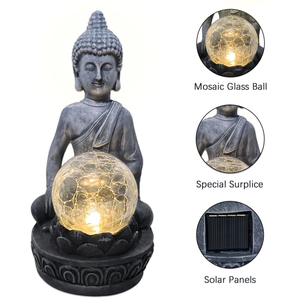 Liten mediterande Buddha-staty - Solar Buddha-figur med sprucken glaskula (7,87 tum)