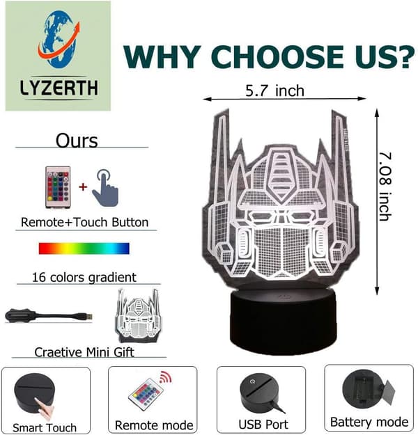 3D optisk illusjon Transformers modell skrivebordsbordlampe LED natt