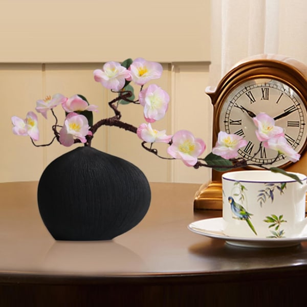 Keramisk blomkruka – geometrisk formarrangemang, vit dekorativ kruka för mantel, bokhylla Svart vas + rosa körsbärsblommor